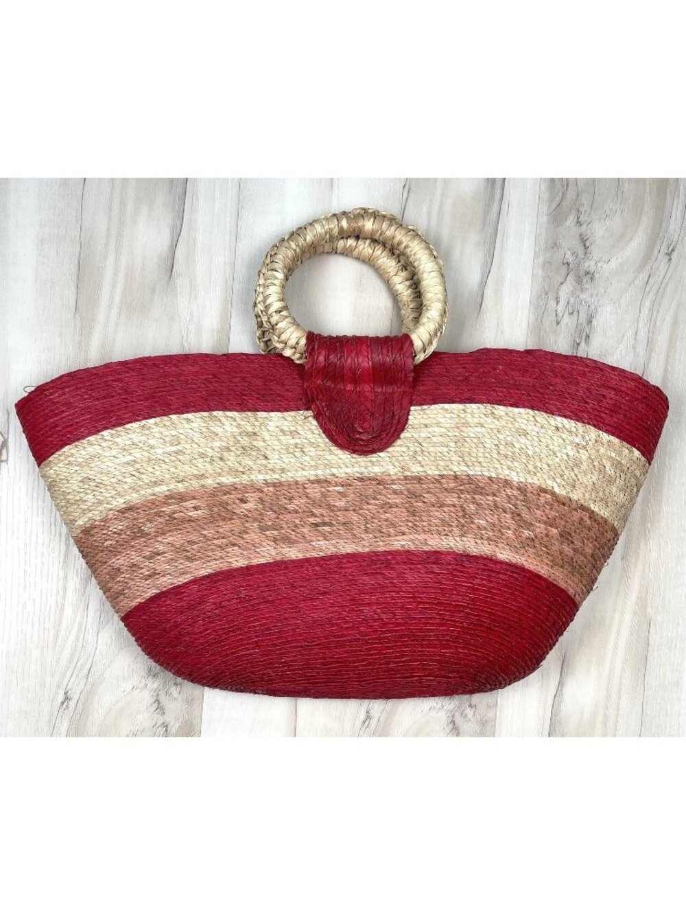 Pink Ombre Stripe Natural Straw Raffia 18"x9"x3" Beach TOTE Purse Handbag EUC